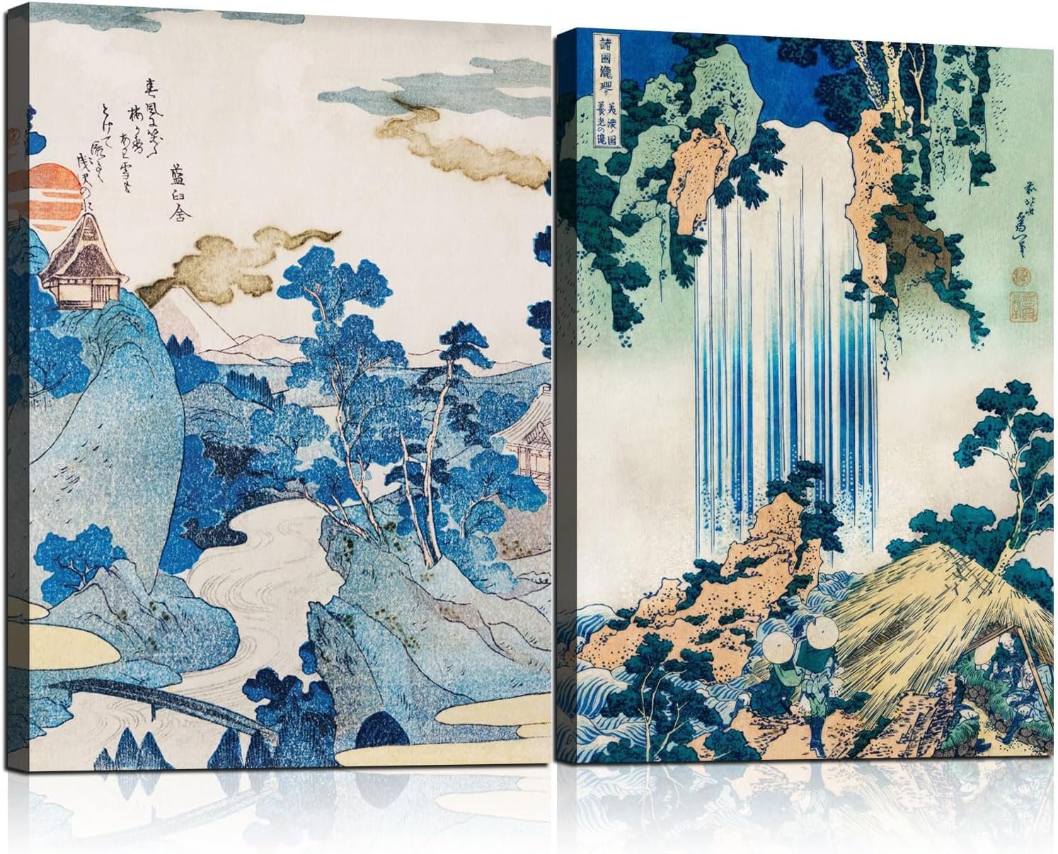81FdZg7IbAL._AC_SL1500_.jpg 2Pcs Framed Landscape waterfall Japanese Ukiyo-e Wall Art Decor Canvas Print Picture Traditional Woodblock Print Style Poster Gallery Bedroom Living Room Office 12x16 Inch Ready to Hang - Image 1