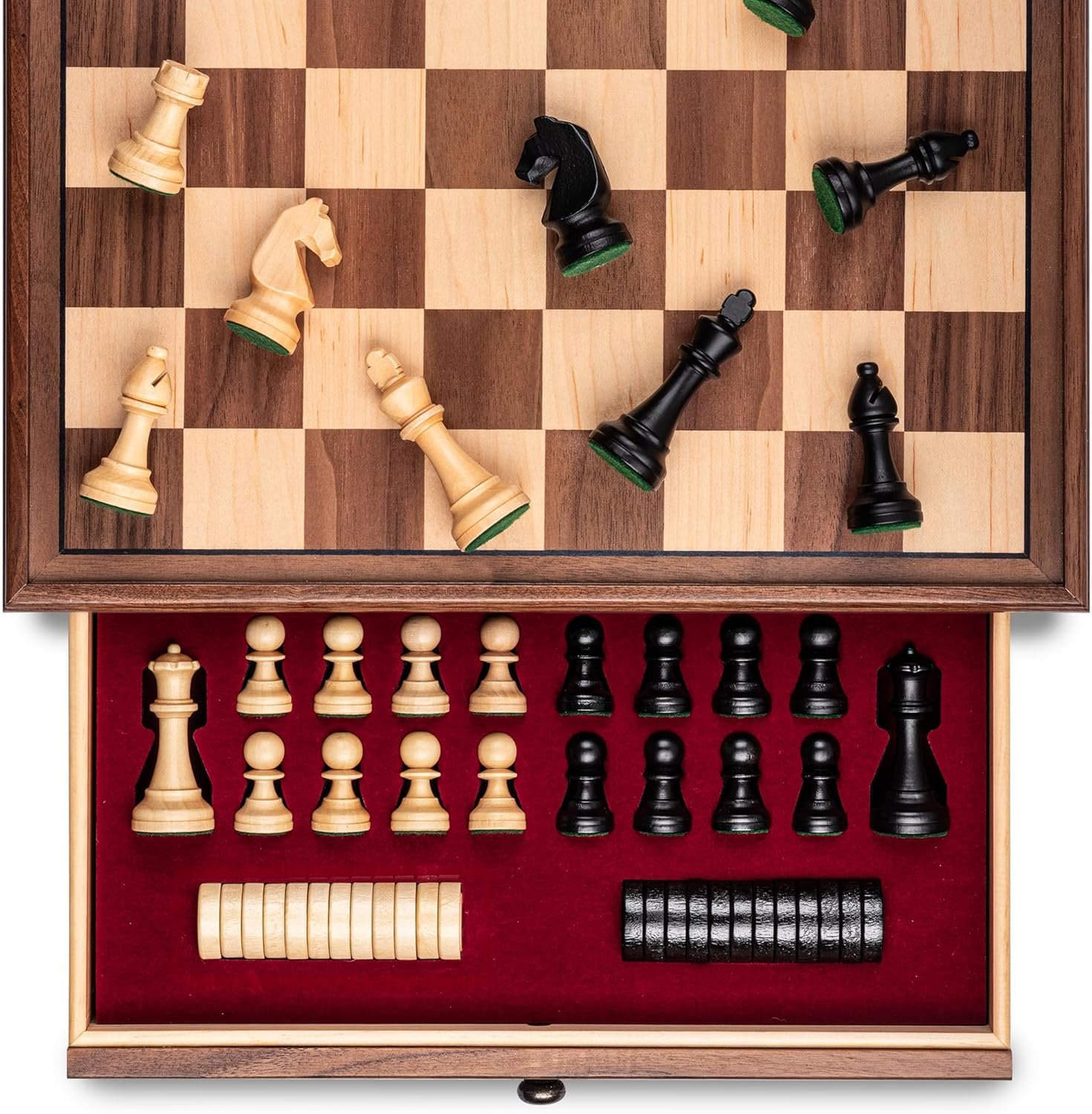81GWp-7lOkL._AC_SL1500_.jpg A&A 15 inch Walnut Wooden Chess Set with Storage Drawer, Triple Weighted Pieces, 3.0 inch King Height, Walnut & Maple Inlay, 2 Extra Queen, Classic 2 in 1 Chess and Checkers Board Game - Image 1