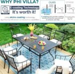 PHI VILLA 7 Piece Outdoor Dining Set with Cushion, 60” Rectangular Metal Dining Table with Umbrella Hole & 6 Cushioned Iron Chairs for Patio, Deck, Yard - Image 2