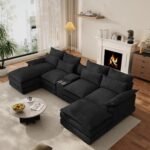 OUYESSIR 135" U Shaped Sectional Cloud Couch,Black Sectional Couches for Living Room,Comfy Fluffy Chenille Oversized Cloud Couch,Modular Sectional Sofa with Central Console & Double Chaise Lounge