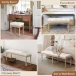 LUE BONA 60" Fabric End of Bed Bench, Upholstered Tufted French Bedroom Bench with Carved Legs for Bedroom End of King Size Bed, Living Room, Beige - Image 7
