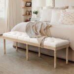 LUE BONA 60" Fabric End of Bed Bench, Upholstered Tufted French Bedroom Bench with Carved Legs for Bedroom End of King Size Bed, Living Room, Beige - Image 4