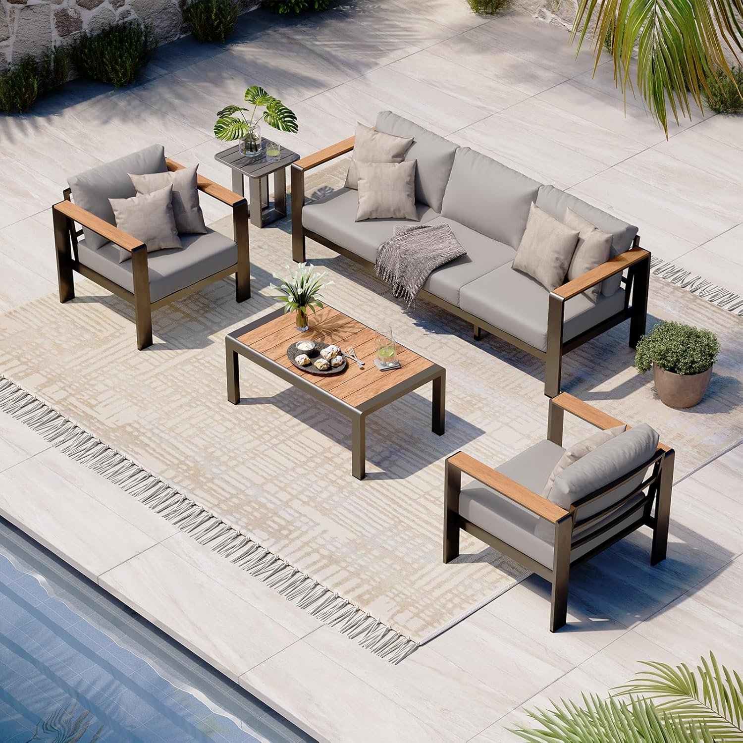 81LtIWEZSUL._AC_SL1500_.jpg Aluminum Outdoor Patio Furniture Set with Coffee Table, 4 Piece Patio Conversation Sets with Washable Thick Cushions, Outdoor Sectional Furniture Set for Poolside, Balcony, Deck, Gray - Image 1