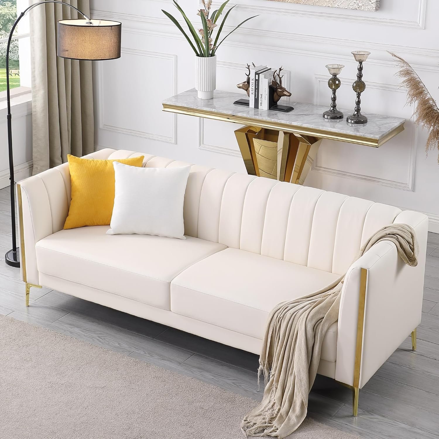 81PybFmtXbL._AC_SL1500_.jpg FOTOSOK 78'' Couch Sofa, Modern White Couches for Living Room with 2 Throw Pillows, Comfy Faux Leather Sofa 3 Seater with Gold Metal Legs, Cloud Sofas Couch Deep Seat Sofas (Cream White) - Image 1