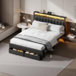 Furnulem Queen Bed Frame with Charging Station and LED Lights, Grey Upholstered Headboard with Shelves, Metal Platform Bed with 2 Under-Bed Storage (Fabric Drawer on Wheels), No Box Spring Needed - Image 3