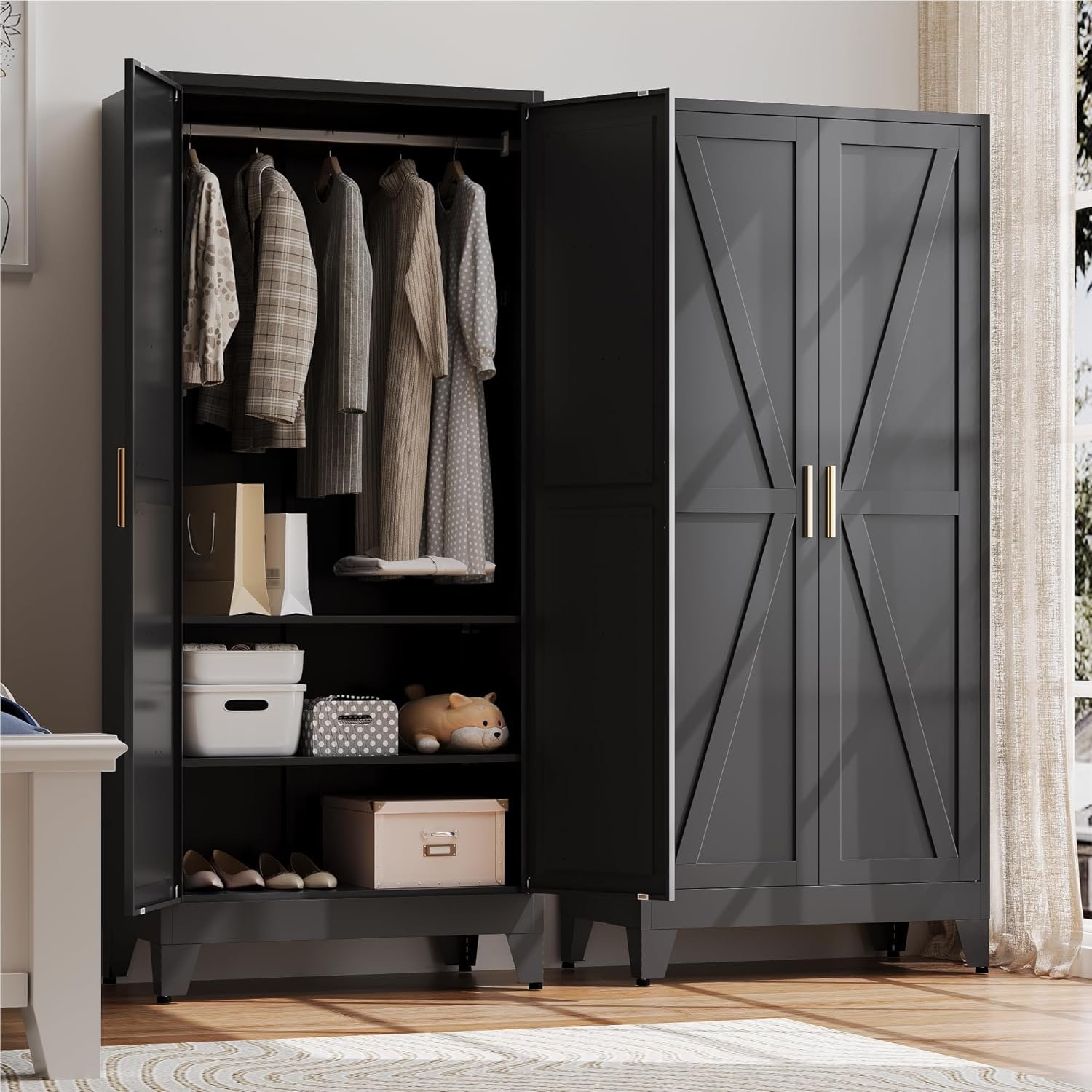 81RHk0JCaQL._AC_SL1500_.jpg Metal Armoire Wardrobe Closet with Hanging Rod,71H Metal Cabinet with Doors and Shelves,Freestanding Bedroom Armoire Closet,Storage Cabinets for Bedroom,Office,Laundry Room(Black) - Image 1