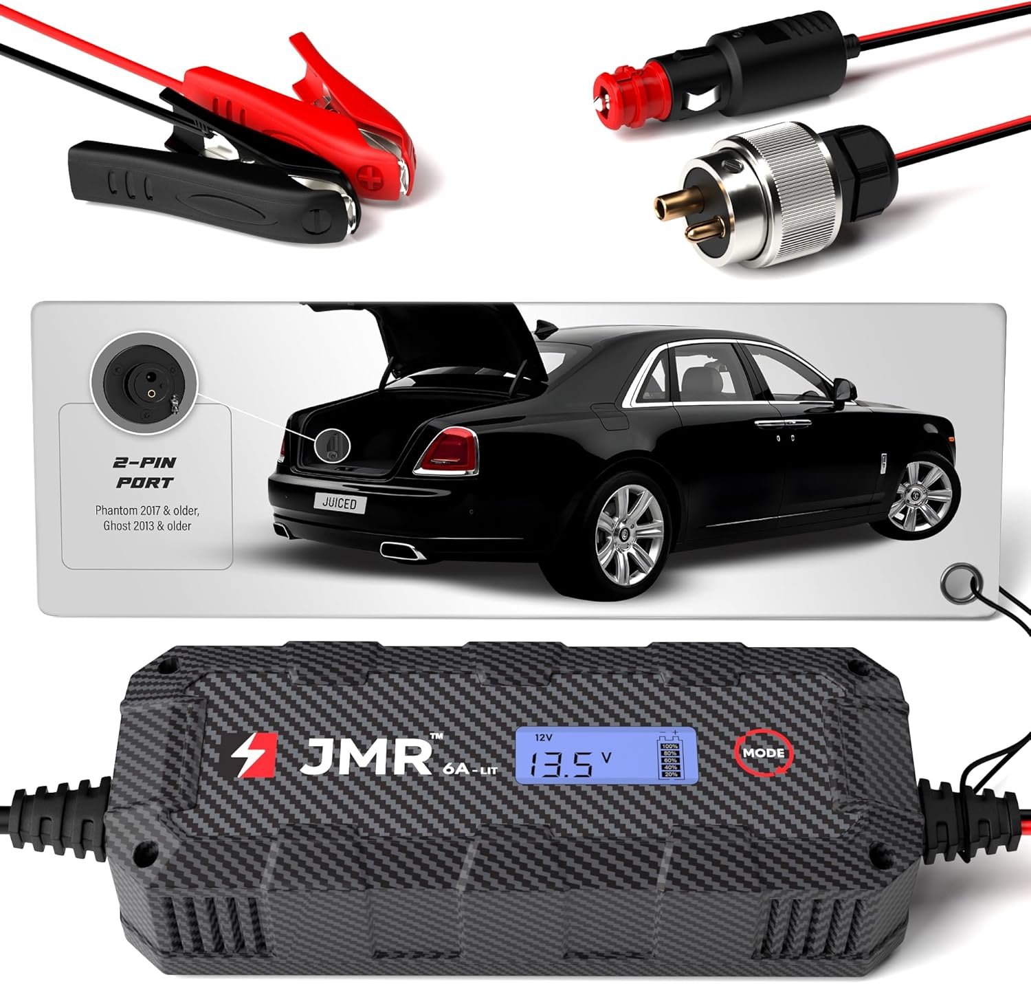 81RRYeegcgL._AC_SL1500_.jpg JMR Battery Charger for Rolls-Royce Ghost Phantom Trickle Charger Conditioner Maintainer (2-Pin Port, Add Lithium Mode) - Image 1