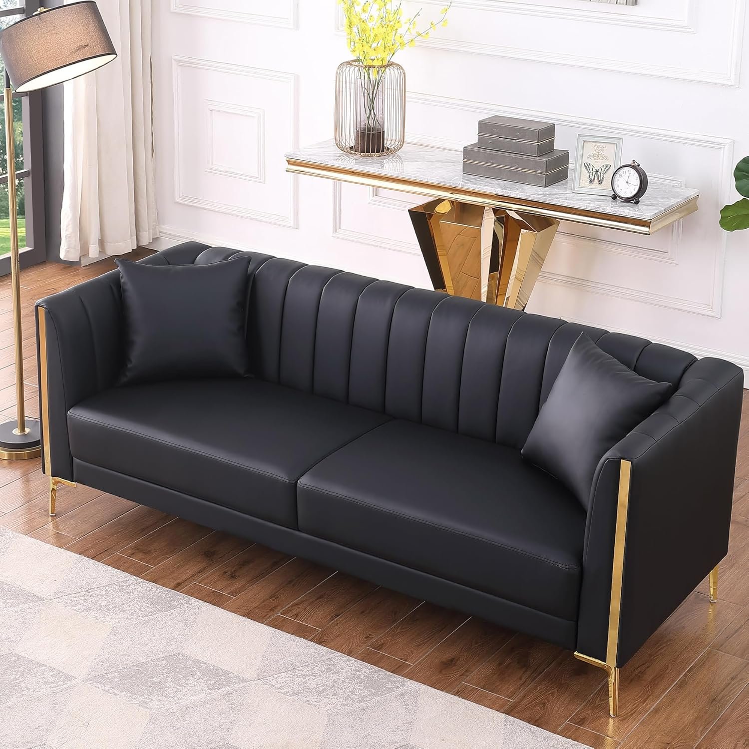 81SyjWdTJL._AC_SL1500_.jpg FOTOSOK 78'' Couch Sofa, Black Couches for Living Room, Comfy Sofas Faux Leather Sofa 3 Seater Couches with 2 Throw Pillows and Gold Metal Legs, Deep Seat Sofas for Home, Office (Black) - Image 1