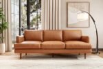 Valencia Grosseto 87” Cognac Tan Brown 3 Seater Full Leather Sofa | Mid Century Italian Nappa Leather Couch for Living Room Furniture | Double Stitched Seams, Removable Cushions
