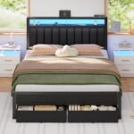 Furnulem Queen Bed Frame with Charging Station and LED Lights, Grey Upholstered Headboard with Shelves, Metal Platform Bed with 2 Under-Bed Storage (Fabric Drawer on Wheels), No Box Spring Needed