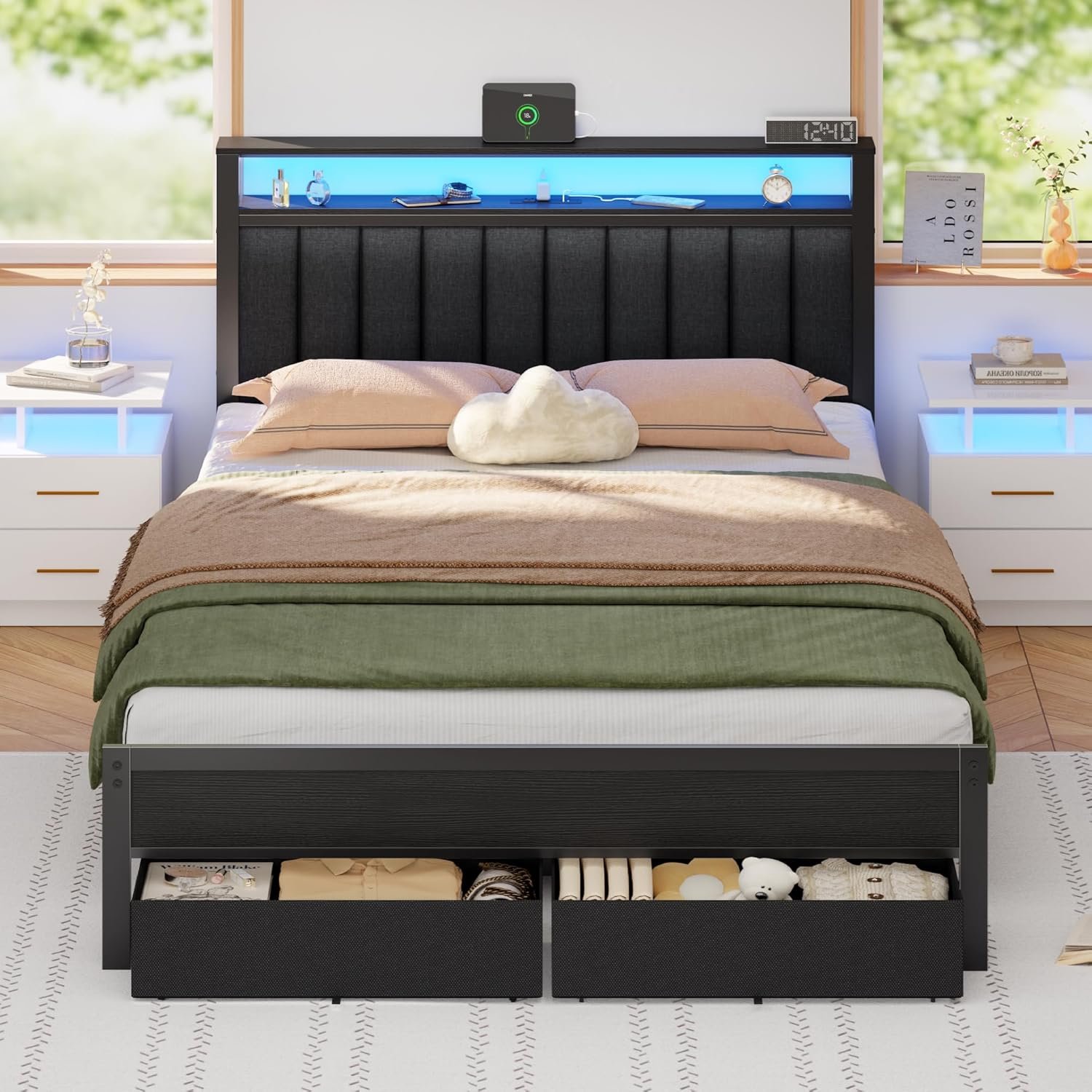 81Y1oOlq63L._AC_SL1500_.jpg Furnulem Queen Bed Frame with Charging Station and LED Lights, Grey Upholstered Headboard with Shelves, Metal Platform Bed with 2 Under-Bed Storage (Fabric Drawer on Wheels), No Box Spring Needed - Image 1