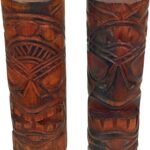 Things2Die4 Set of 2 Natural Standing Tiki Totems, 8-Inch Hand-Carved Wooden Statues, Polynesian Tribal Decor, Rustic Brown Finish, Indoor Display, Eclectic Island Home Accent