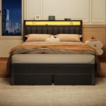 Furnulem Queen Bed Frame with Charging Station and LED Lights, Grey Upholstered Headboard with Shelves, Metal Platform Bed with 2 Under-Bed Storage (Fabric Drawer on Wheels), No Box Spring Needed - Image 4