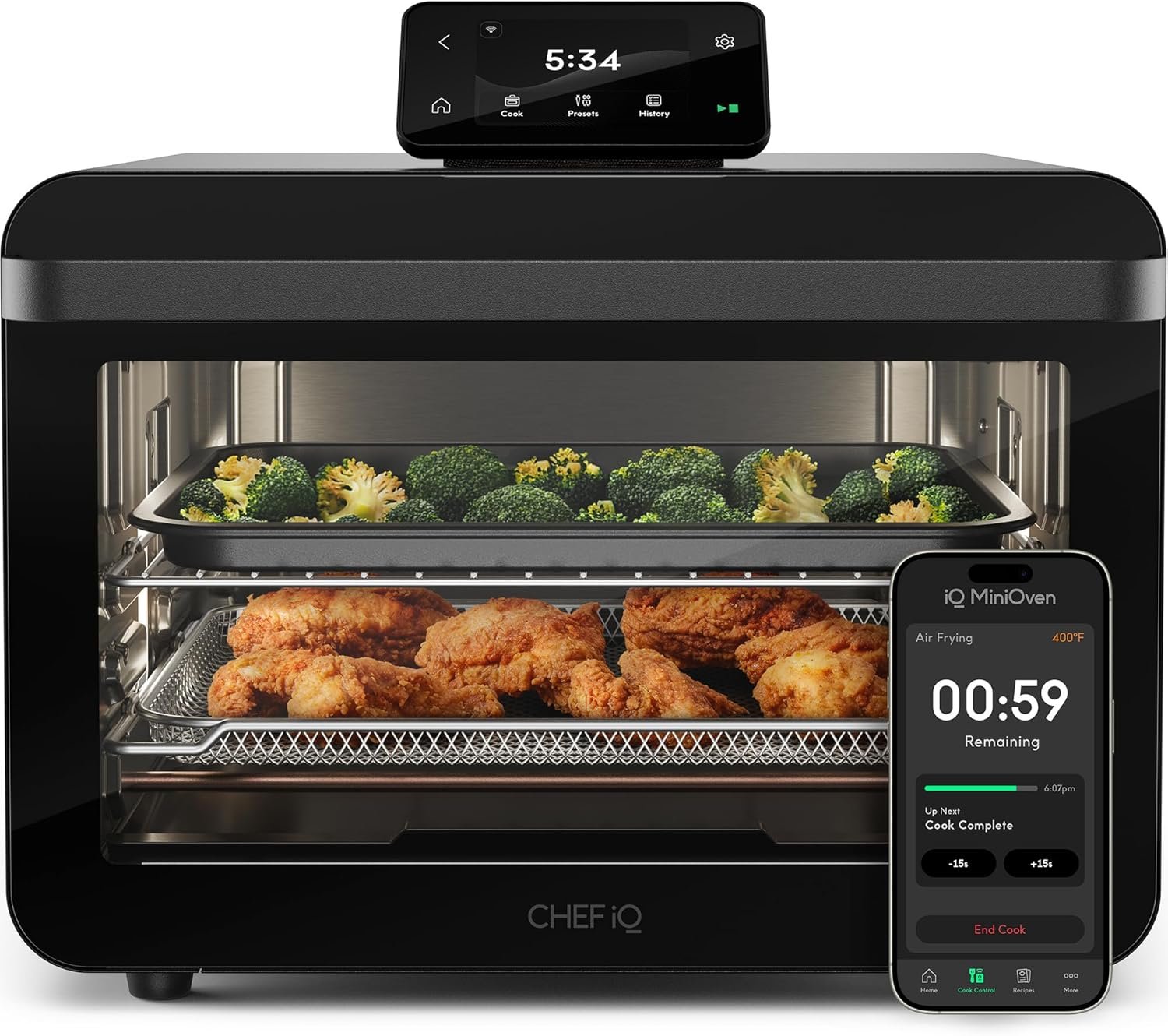 81ip-OzUD9L._AC_SL1500_.jpg CHEF iQ MiniOven Smart Toaster Oven Air Fryer Combo, 11-in-1 Countertop Convection Oven, Bake, Broil, Air Fry, Broil, Dehydrate, 1750W, 25 Qt Capacity, Fast Cooking with Touchscreen Controls – Black - Image 1