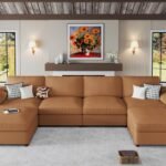 EASE MOOSE Brown Faux Leather Sectional Sofa,Leather Sectional Couch with Deep Seat,Extra Large U Shaped Couch,Oversized Modular Modern Scratch Resistant Sofas