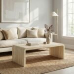 Modern Boho Faux Marble Coffee Table, 47" Travertine Pattern Waterfall Rectangular Center Table in a Scandinavian Style for Living Room with Sturdy Wood Frame, Thick Legs & Easy Assembly