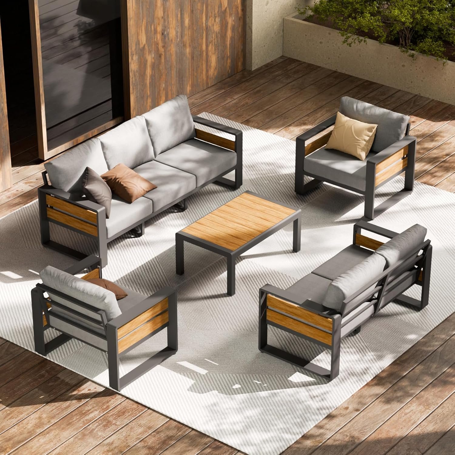 81p3ZG1snTL._AC_SL1500_.jpg ZANDOR Aluminum Outdoor Patio Furniture Set, 5-Piece Metal Modern Outside Sectional Conversation Lawn Furniture with Coffee Table & Washable Thick Cushions,Seating Sofa for Garden/Backyard/Porch Grey - Image 1