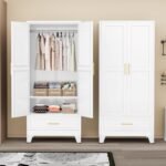 71" H Metal Armoire Wardrobe Closet, Adjustable Shelve, Clothes Metal Wardrobe Cabinet for Bedroom (1 Drawer, White)