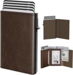 typecase Mens Wallet Card Holder: Pop Up Aluminum Case, Genuine Leather, Smart, RFID Blocking, Slim, Minimalist, Front Pocket - 9-14 Card Capacity | ID Window | Cash Slot (Black Brown)