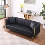 FOTOSOK 78'' Couch Sofa, Black Couches for Living Room, Comfy Sofas Faux Leather Sofa 3 Seater Couches with 2 Throw Pillows and Gold Metal Legs, Deep Seat Sofas for Home, Office (Black) - Image 4