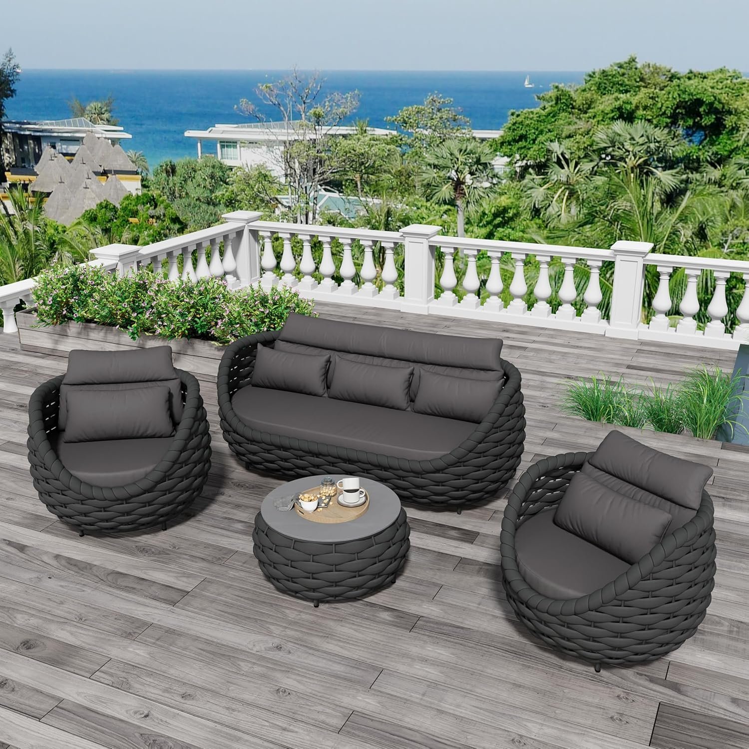 91Ds2bWu99L._AC_SL1500_.jpg Woven Rope Patio Furniture Set: 4 Pieces Aluminum Outdoor Conversation Sofa Set Assembled - Modern Couch Set Cushioned - All Weather Metal Porch Seating for 5 Person Deck Garden Hotel, Dark Gray - Image 1