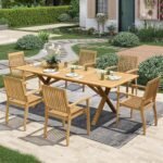 Acacia Wood Outdoor Dining Set, 7 Pieces Patio Dining Table and Chairs Set, Expandable Dining Table(1.97" Umbrella Hole) and 6 Wooden Chairs, Patio Furniture Set for Deck Poolside Backyard