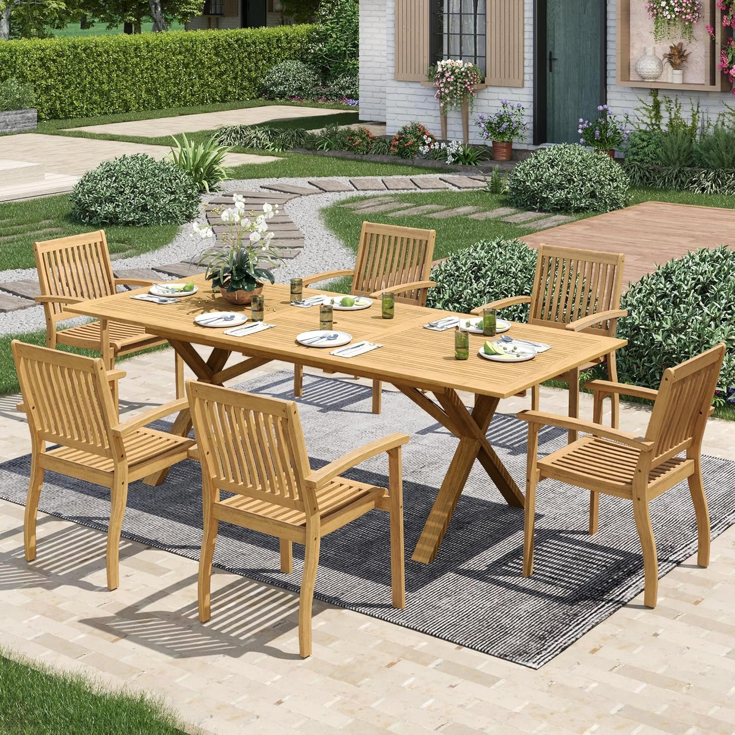 91JJgak8bdL._AC_SL1500_.jpg Acacia Wood Outdoor Dining Set, 7 Pieces Patio Dining Table and Chairs Set, Expandable Dining Table(1.97" Umbrella Hole) and 6 Wooden Chairs, Patio Furniture Set for Deck Poolside Backyard - Image 1