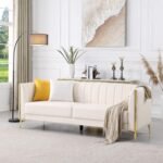 FOTOSOK 78'' Couch Sofa, Modern White Couches for Living Room with 2 Throw Pillows, Comfy Faux Leather Sofa 3 Seater with Gold Metal Legs, Cloud Sofas Couch Deep Seat Sofas (Cream White) - Image 3