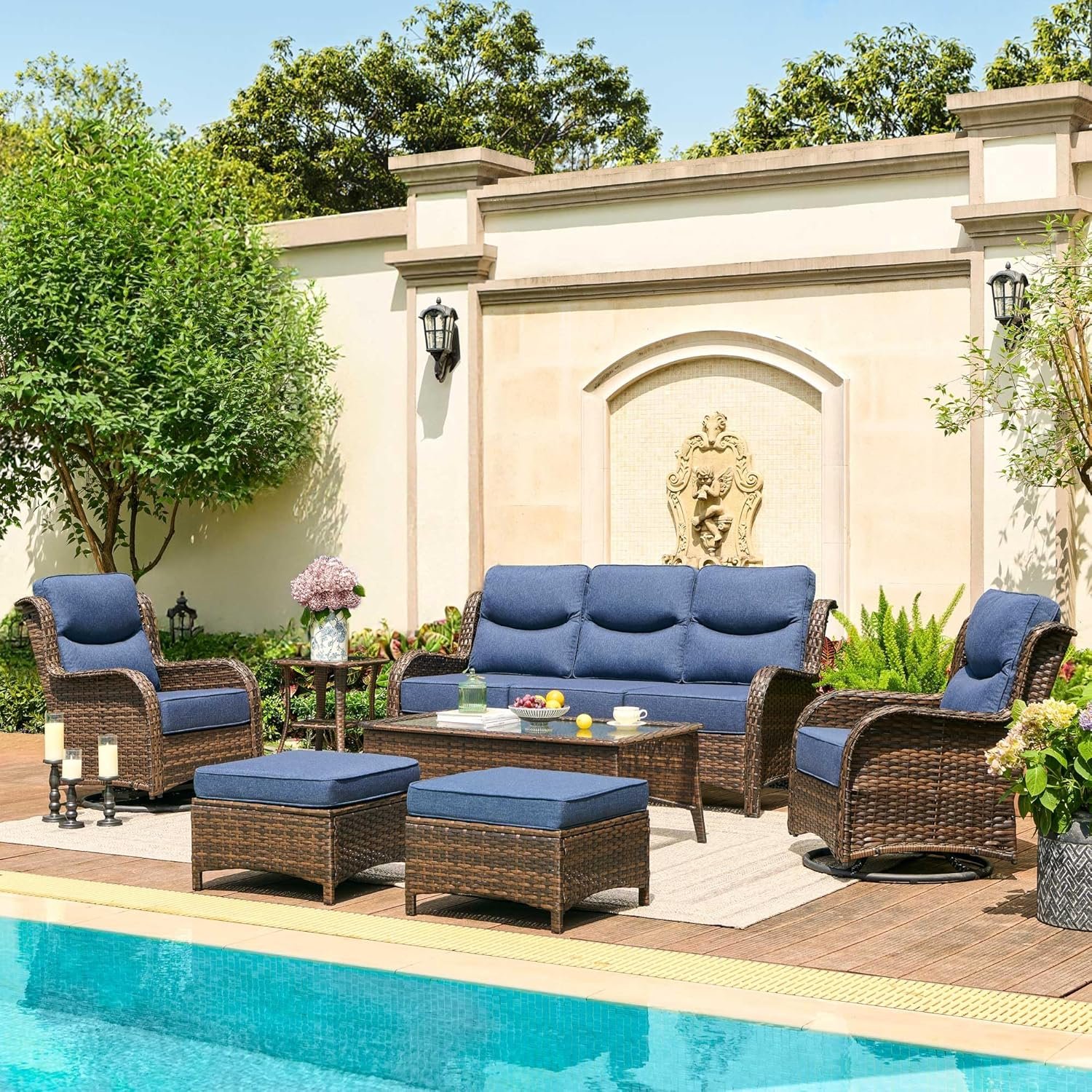 91Y2Zw5GxpL._AC_SL1500_.jpg HILLGA Luxury Patio Furniture Set with 6-inch Thick Cushion, Outdoor Couch and High Back Swivel Rocker Patio Chairs, 7PCS Wicker Conversation Set for Deck Yard and Poolside, Blue (V2) - Image 1