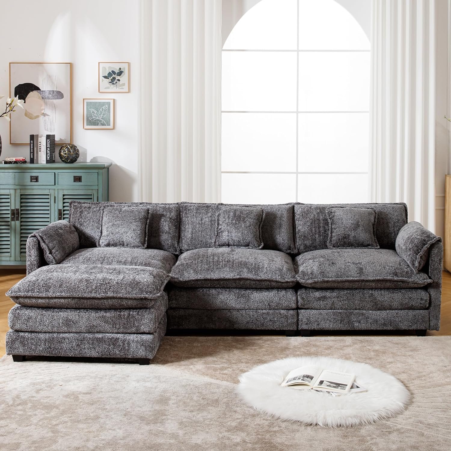 91ZK830ItlL._AC_SL1500_.jpg GNIXUU 112" Modular Cloud Couch Sofa, Modern Chenille L Shaped Sectional Couches for Living Room, Comfy Deep 4 Seater Sofa with Movable Ottoman & 2 Pillows(Gray) - Image 1