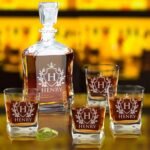 My Personal Memories, Personalized 5 pc Whiskey Decanter Set - Decanter and 4 Glasses Gift Set - Custom Engraved with Name and Initial (Shield Design) - Image 3