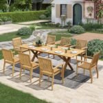 Acacia Wood Outdoor Dining Set, 9 Pieces Patio Dining Table and Chairs Set, Expandable Dining Table(1.97" Umbrella Hole) and 8 Wooden Chairs, Patio Furniture Set for Deck Poolside Backyard