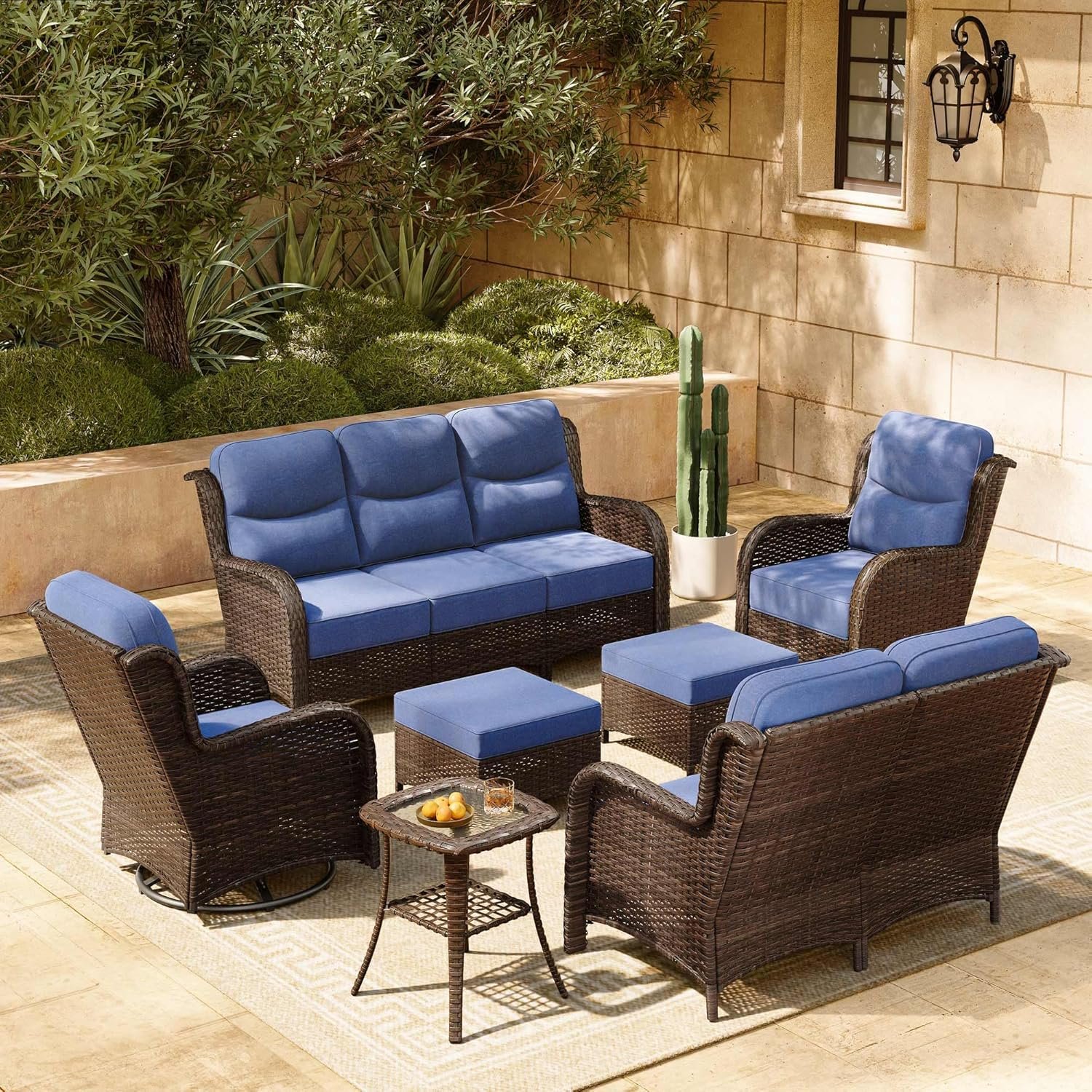 91nBNu9UoxL._AC_SL1500_.jpg HILLGA Luxury Patio Furniture Set with 6-inch Thick Cushion, Outdoor Couch, Loveseat and High Back Swivel Rocker Patio Chairs, 7PCS Wicker Conversation Set for Deck Yard and Poolside, Blue (V2) - Image 1