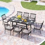 PHI VILLA 9 Pieces Outdoor Dining Set for 8, 84" Long Expandable Metal Table & Heavy-Duty Wrought Iron Chairs with Cushions, Large Furniture Set for Patio, Deck, Yard, Porch - Black - Image 4