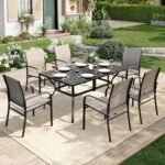 Patio Table and Chairs Set, Patio Dining Set for 6 with Brown Chairs and Metal Rectangular Table for Deck Backyard Lawn Poolside