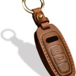 OLLEN Screws-Free Genuine Leather Key Fob Cover, Fit for Audi A3 A6 A6L A7 A8 Q7 Q8 E-Tron S3 S6 S7 SQ7 RS6 RS7,etc, Leather Smart Remote Key Protector, 3 Buttons, C Style, Brown