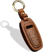OLLEN Screws-Free Genuine Leather Key Fob Cover, Fit for Audi A3 A6 A6L A7 A8 Q7 Q8 E-Tron S3 S6 S7 SQ7 RS6 RS7,etc, Leather Smart Remote Key Protector, 3 Buttons, C Style, Brown