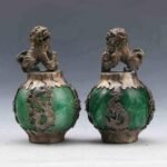 Acxico 1Pairs Exquiste Chinese Silver Dragon Inlaid Jade Hand Carved Lion Statue - Image 2