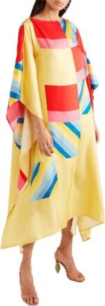 Women Digital Printed Striped Pattern Satin Silk Kaftan - Image 3