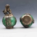 Acxico 1Pairs Exquiste Chinese Silver Dragon Inlaid Jade Hand Carved Lion Statue - Image 3