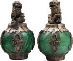 Acxico 1Pairs Exquiste Chinese Silver Dragon Inlaid Jade Hand Carved Lion Statue