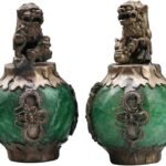 Acxico 1Pairs Exquiste Chinese Silver Dragon Inlaid Jade Hand Carved Lion Statue