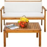 Devoko Patio Furniture 4 Piece Acacia Wood Outdoor Conversation Sofa Set with Table & Cushions Porch Chairs for Garden, Deck, Backyard, Natural