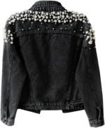 Kedera Women's Jean Jacket Embroidered Rivet Pearl Short Denim Jacket Coat - Image 3