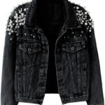 Kedera Women's Jean Jacket Embroidered Rivet Pearl Short Denim Jacket Coat