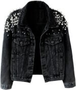 Kedera Women's Jean Jacket Embroidered Rivet Pearl Short Denim Jacket Coat
