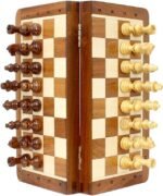 House of Chess - 8 Inch Wooden Magnetic Folding Travel Chess Set - Board with Algebraic Notation + 2 Extra Pawns & 2 Extra Queens- Handmade (Acacia Wood) - Image 4