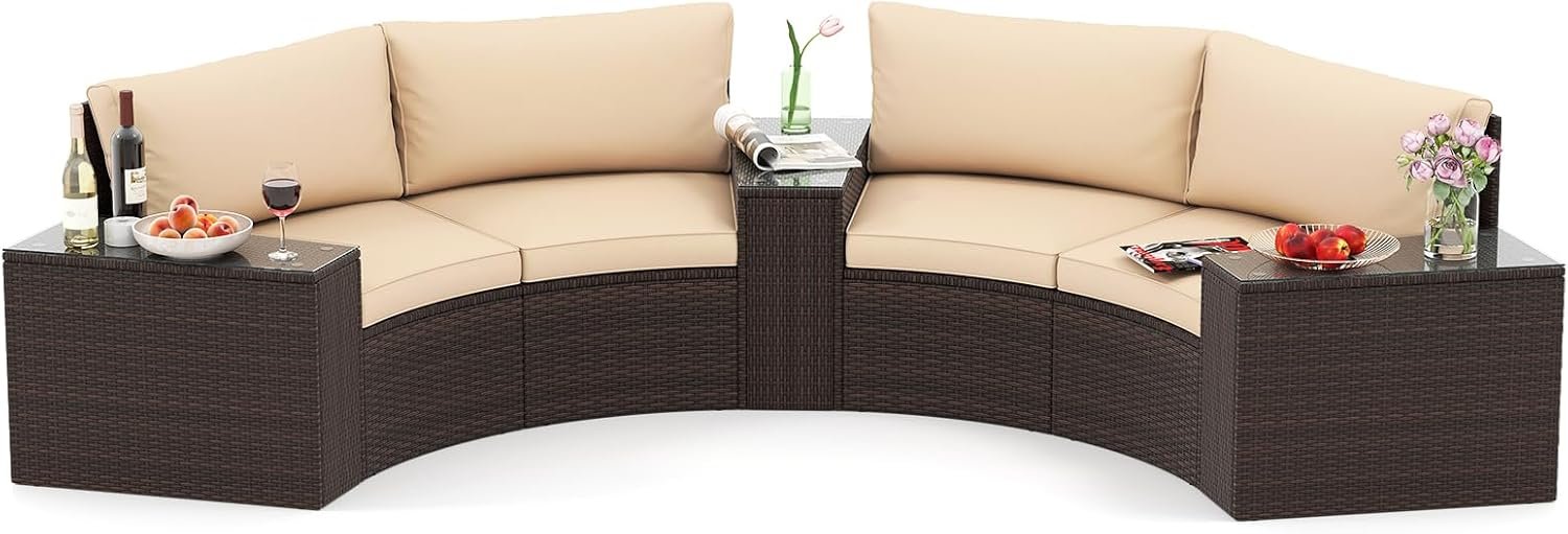 61Njrf5w7tL._AC_SL1500_.jpg Tangkula 5 Pieces Patio Furniture Set, PE Rattan Half-Moon Curved Sectional Sofas with Tempered Glass Top Side Tables, Outdoor Conversation Set for Porch, Backyard & Poolside (Beige) - Image 1