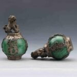 Acxico 1Pairs Exquiste Chinese Silver Dragon Inlaid Jade Hand Carved Lion Statue - Image 4