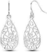 925 Sterling Silver Dangle Earrings for Women Filigree Teardrop Linear Drop Celtic Knot Statement Ear Bling Jewelry Crystal Clover Dragonfly Dangling Hook Helix Piercings